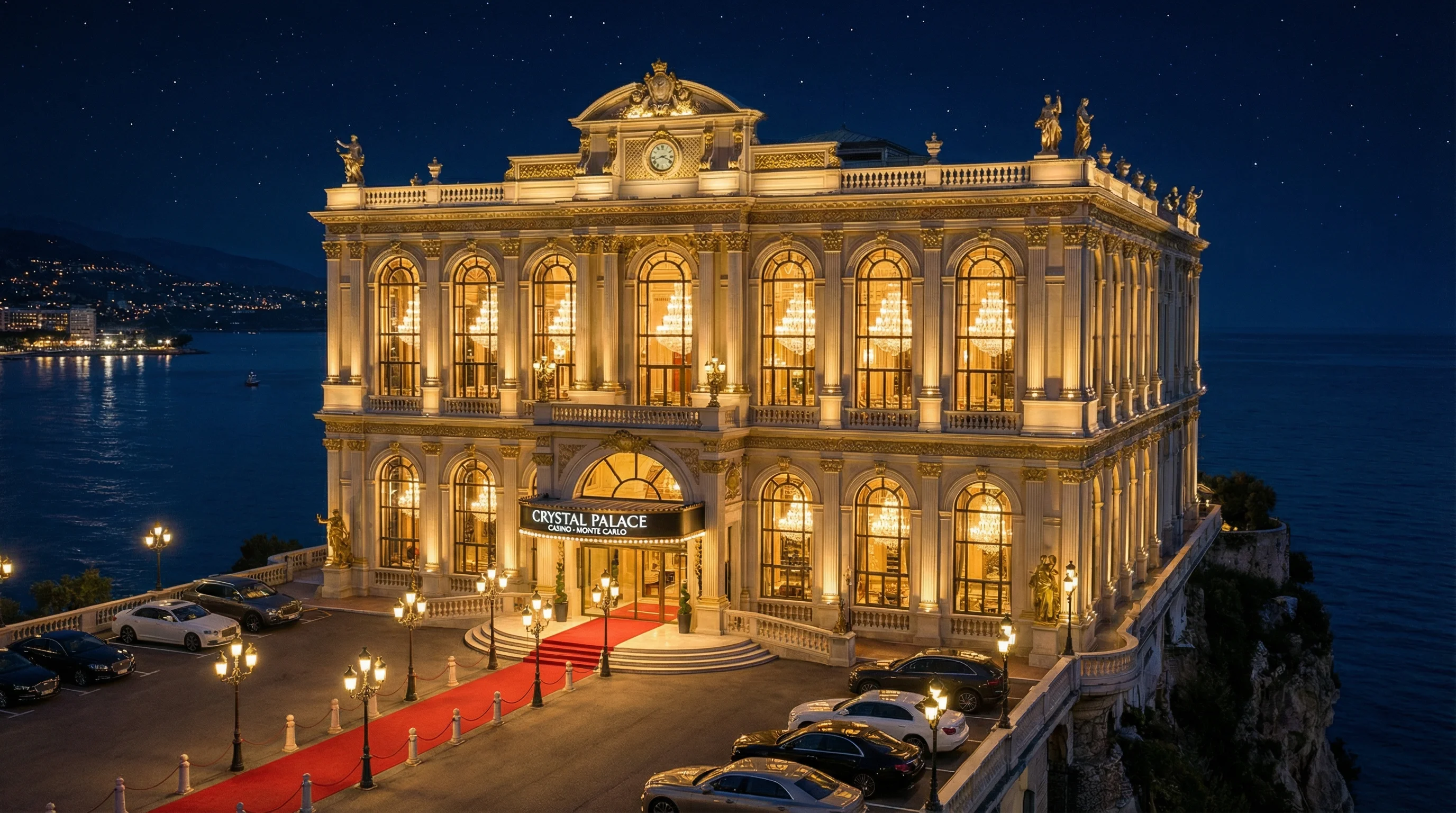 蒙特卡洛夜景下的水晶宫殿，彰显 AG真人 的奢华氛围